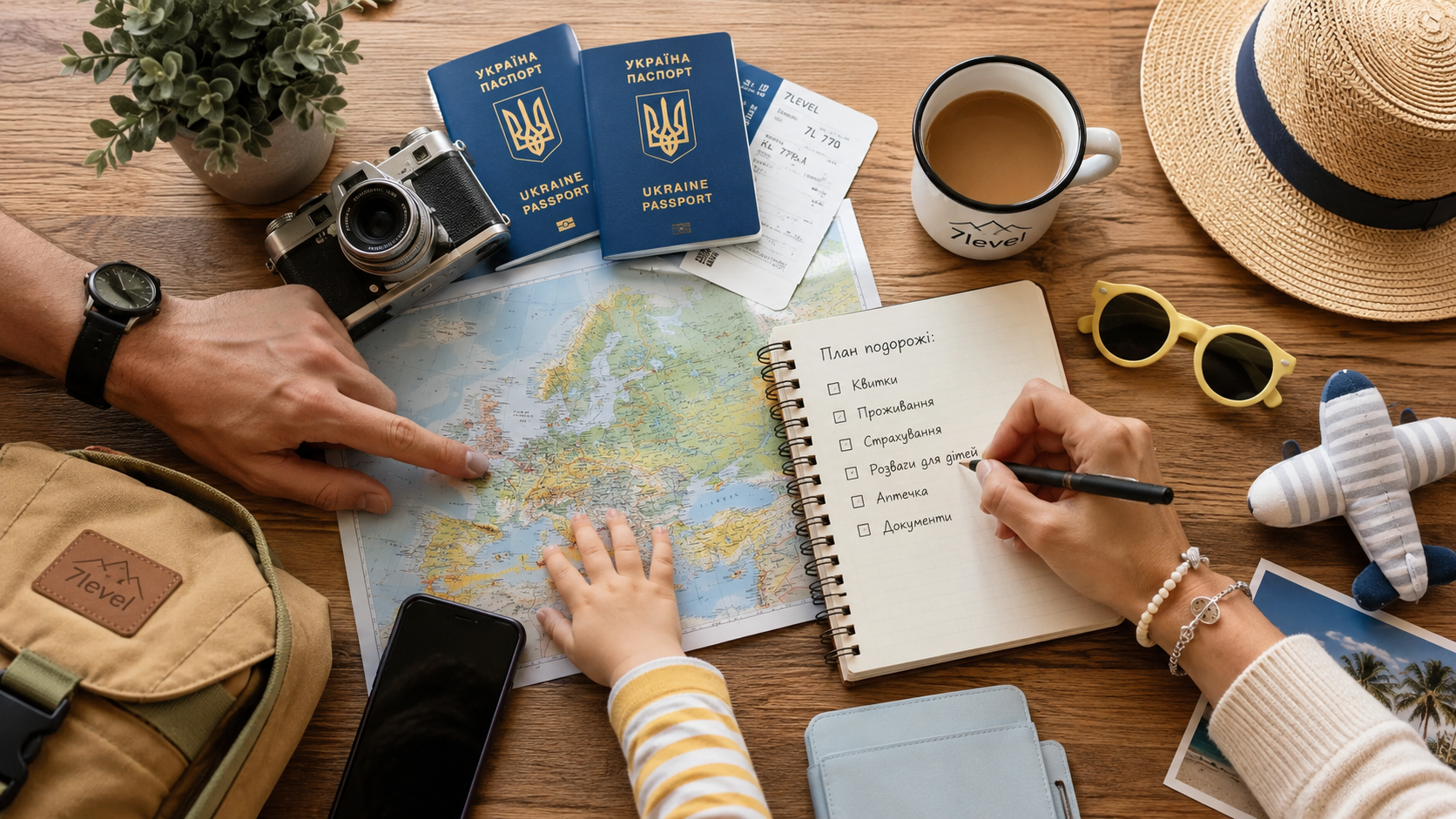 Планування сімейної подорожі з дитиною, українськими паспортами, картою та списком необхідних речей