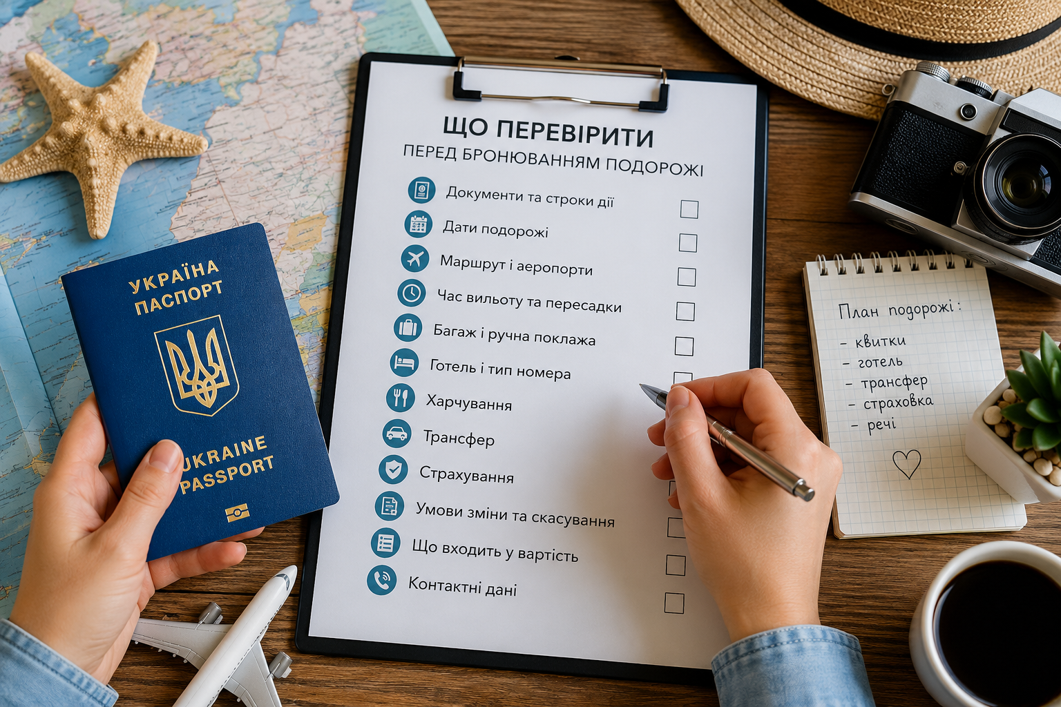 Чекліст перед бронюванням подорожі з українським паспортом, картою та документами